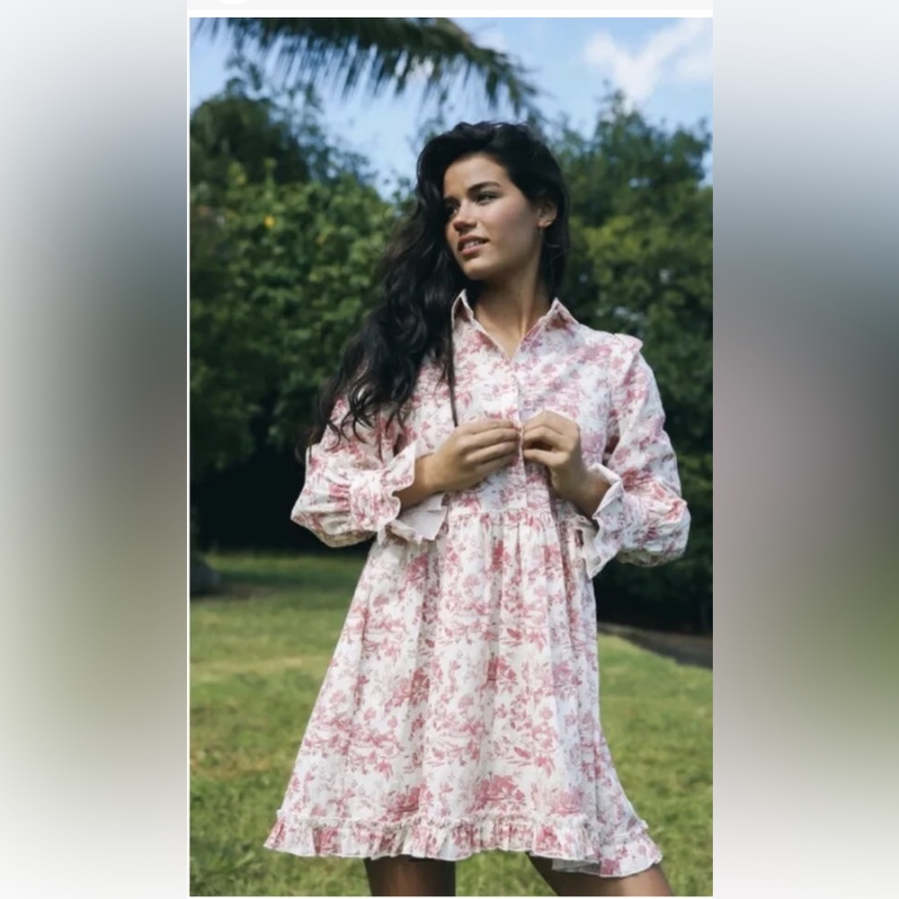COUSIN The Label Women’s Sz Small Pink Toile long Sleeve Collared Ruffle Dress